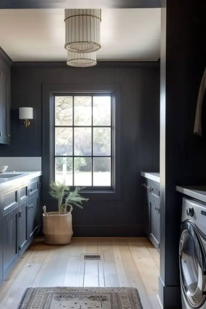 Ink black walls with oak folding