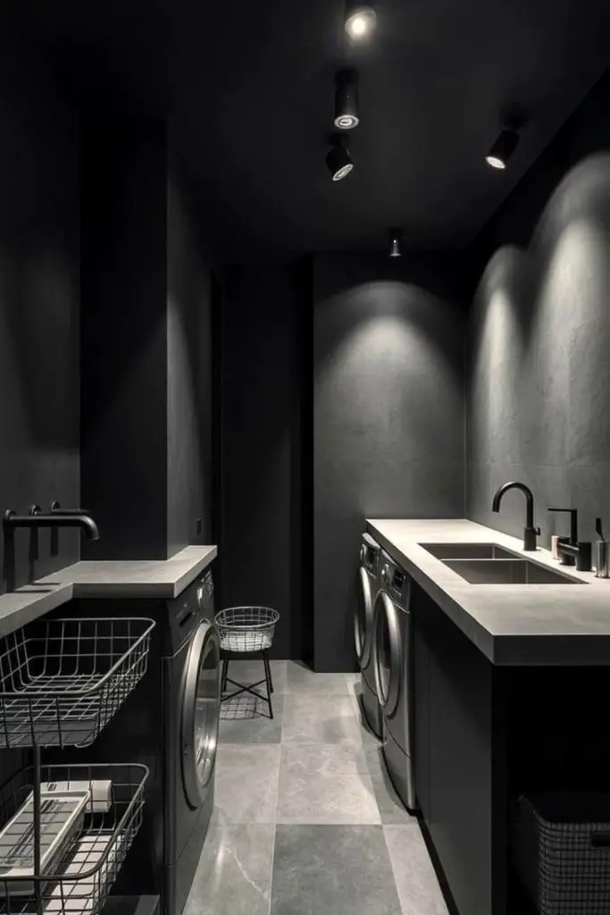 Glossy black subway tile laundry walls