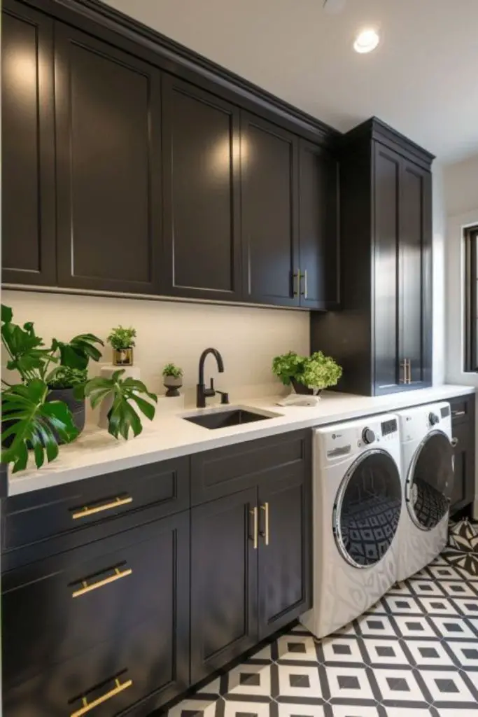 Black farmhouse cabinets with porcelain sink