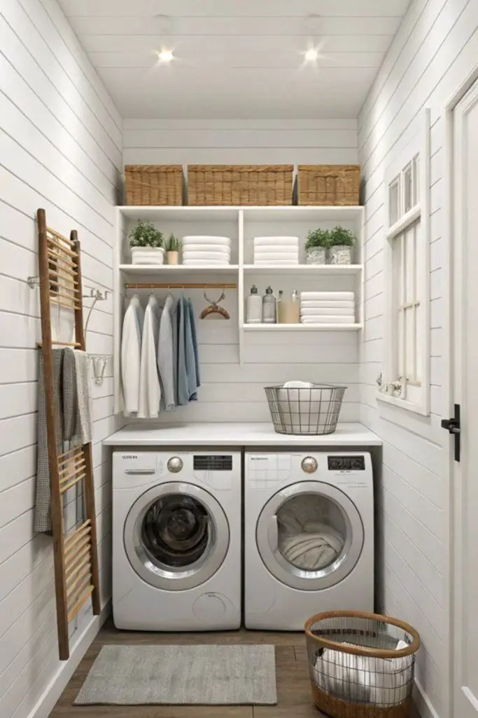 Overhead cabinets maximize compact laundry storage