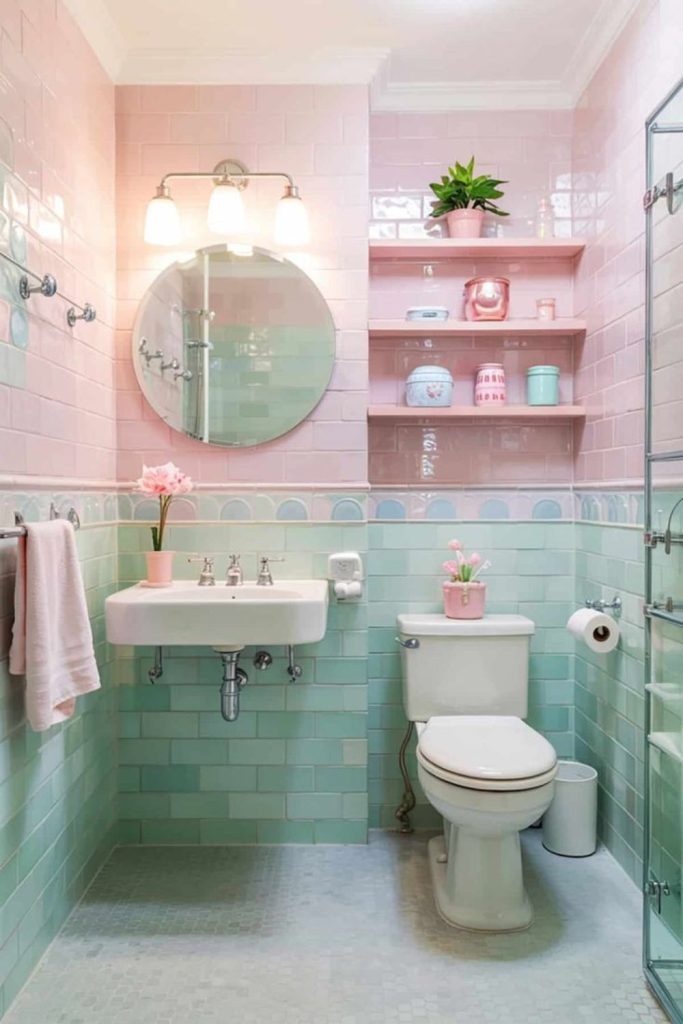 Pastel bathroom retreat with mint tones.