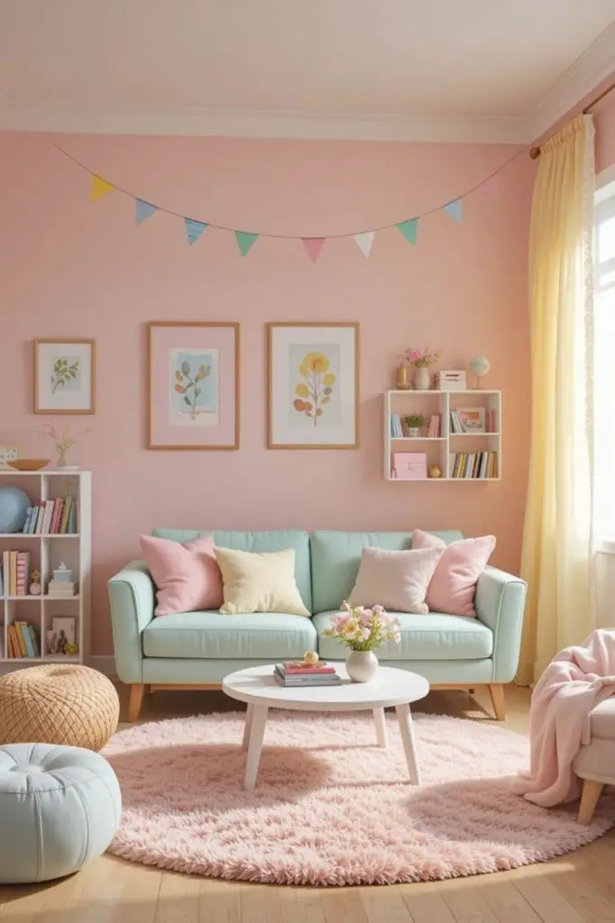 Pastel sweet nook with mint armchairs