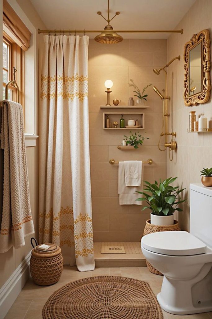 Patterned shower curtain adds playful charm.