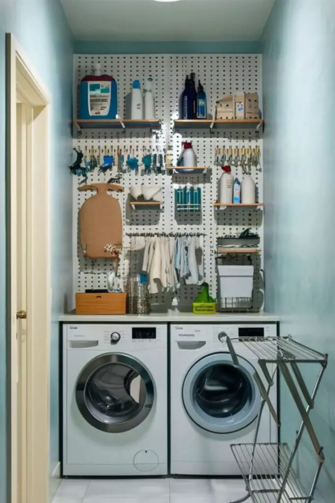 Pegboard wall for laundry supplies