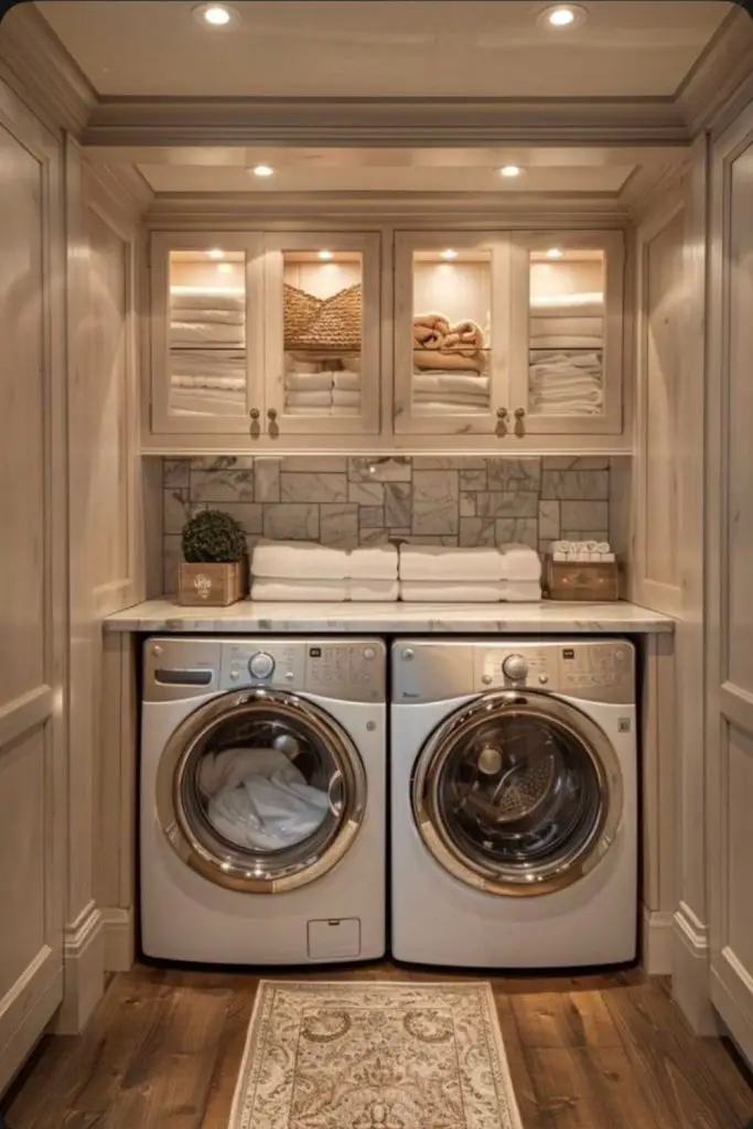 Smoked glass cabinets with gray counters