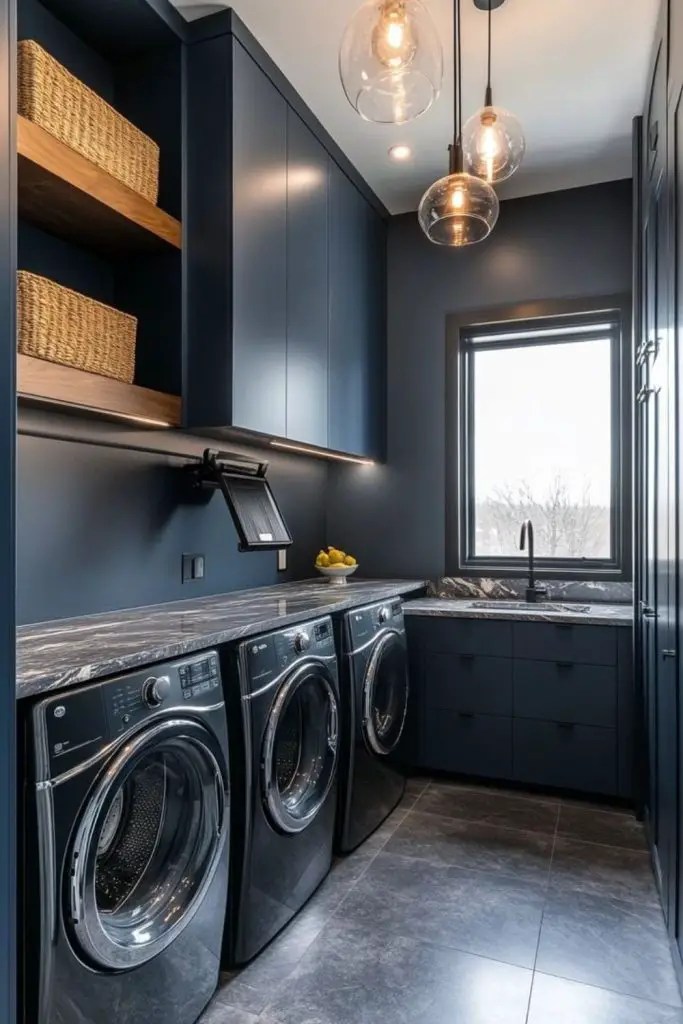 Glossy black cabinets with granite counters