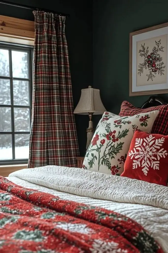 Plaid curtains enhance autumn window views.