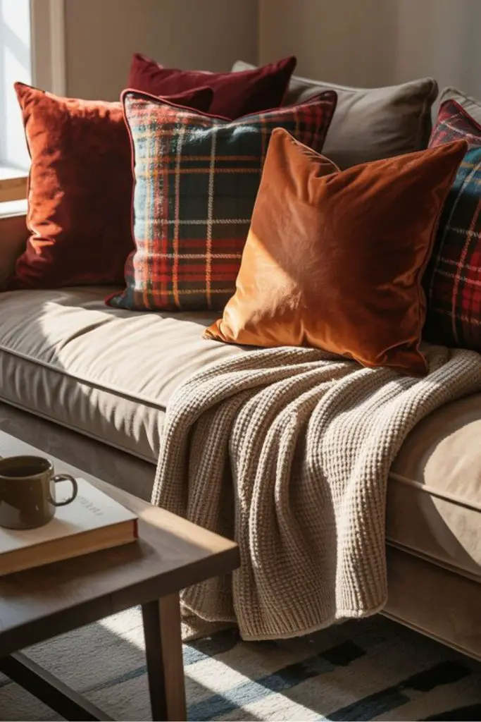 Plaid pillows give homely autumn vibe.