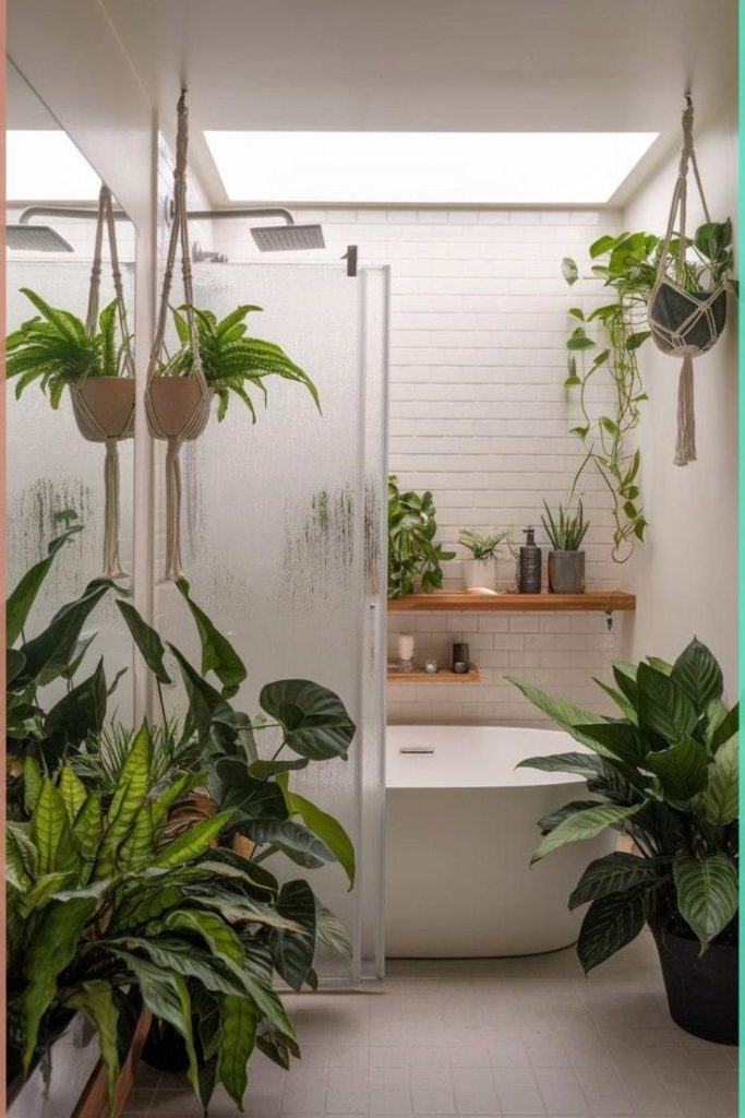 Plant filled bathroom with natural greenery.