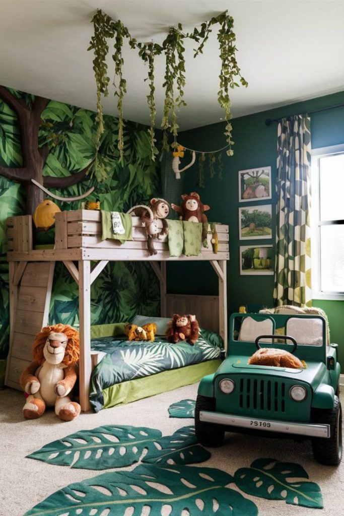 Jungle themed playful kids bedroom retreat