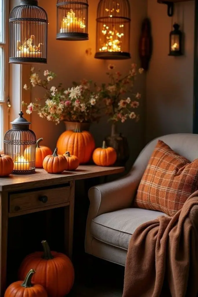 Glowing pumpkins brighten cozy autumn corners.