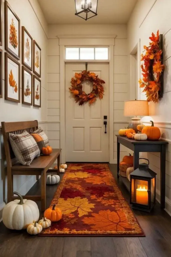 Pumpkin patch prints enhance entryway décor.