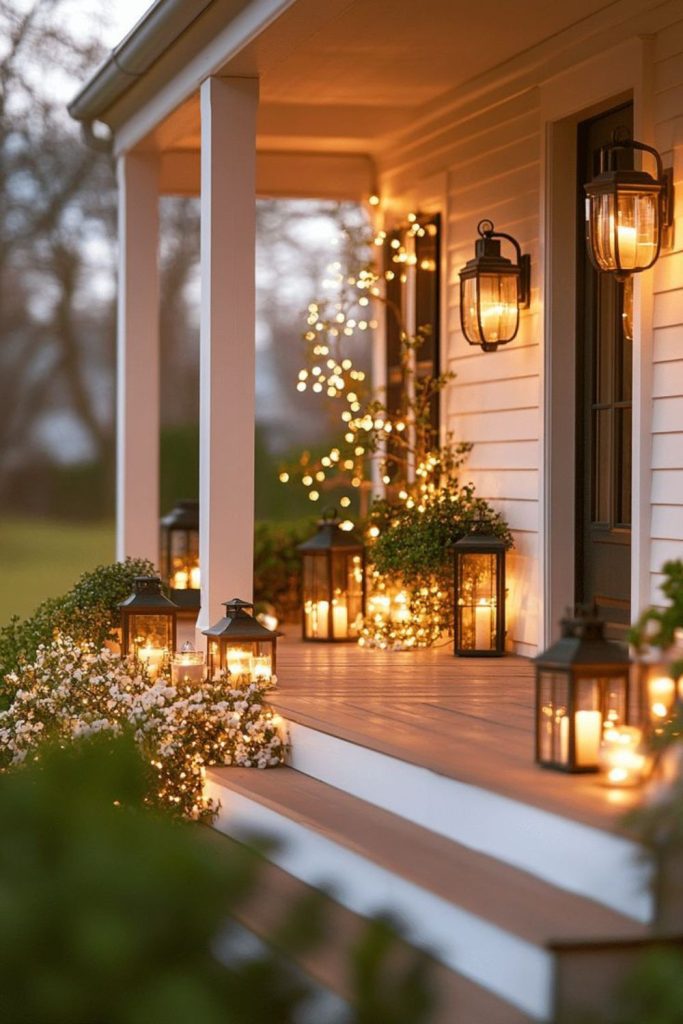 Rustic porch with ivy and lanterns.