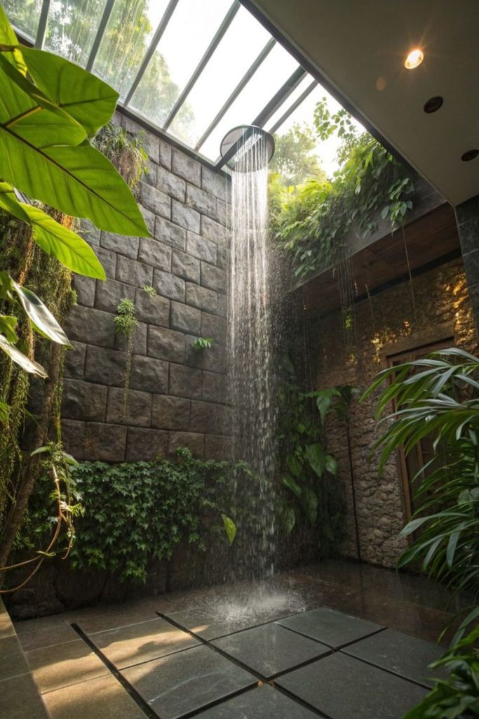 Rainforest glass wetroom with lush plants