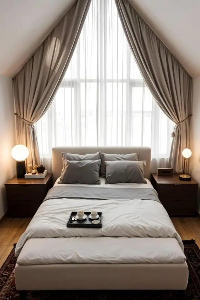 Raised ceiling curtains elongating bedroom walls.