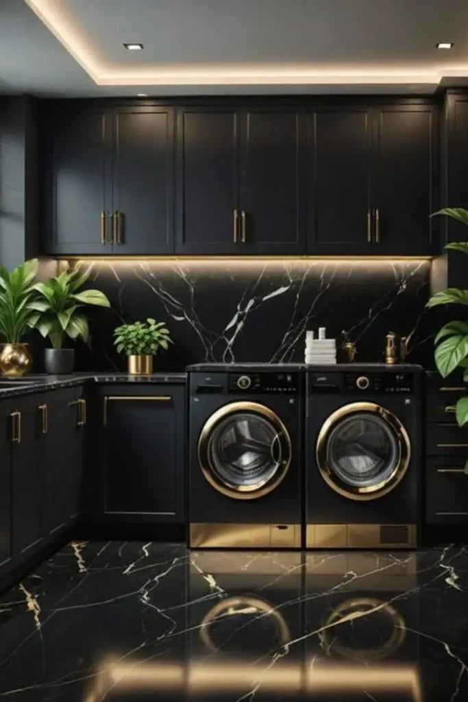 Boutique lacquer black cabinetry with marble