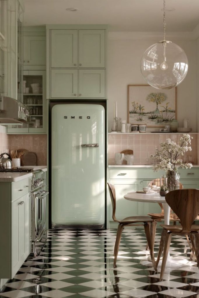 Checkerboard floors with pastel cabinets.