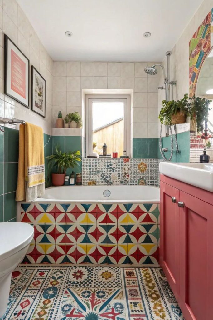 Retro bathroom with colorful pop tiles.