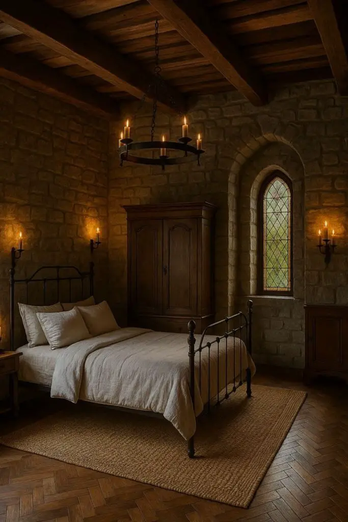 Medieval stone-inspired fortress bedroom design.