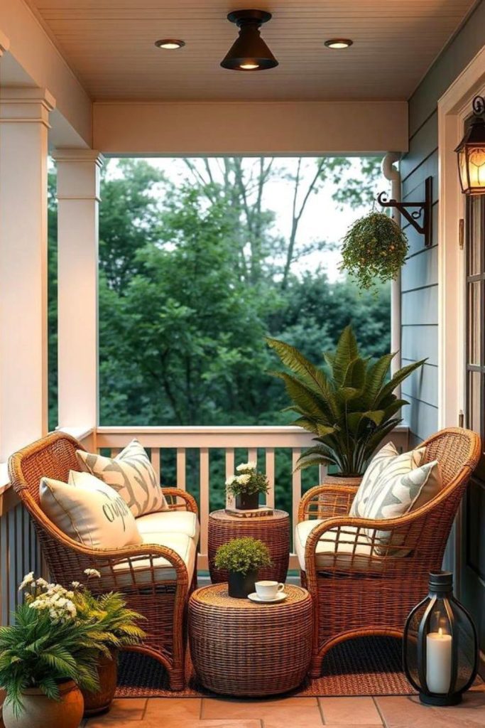 Timber porch with wicker and lanterns.