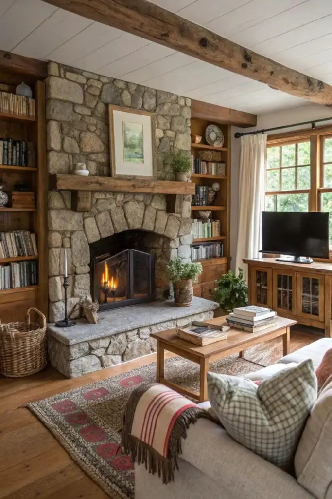 Rustic hearth nook with stone fireplace