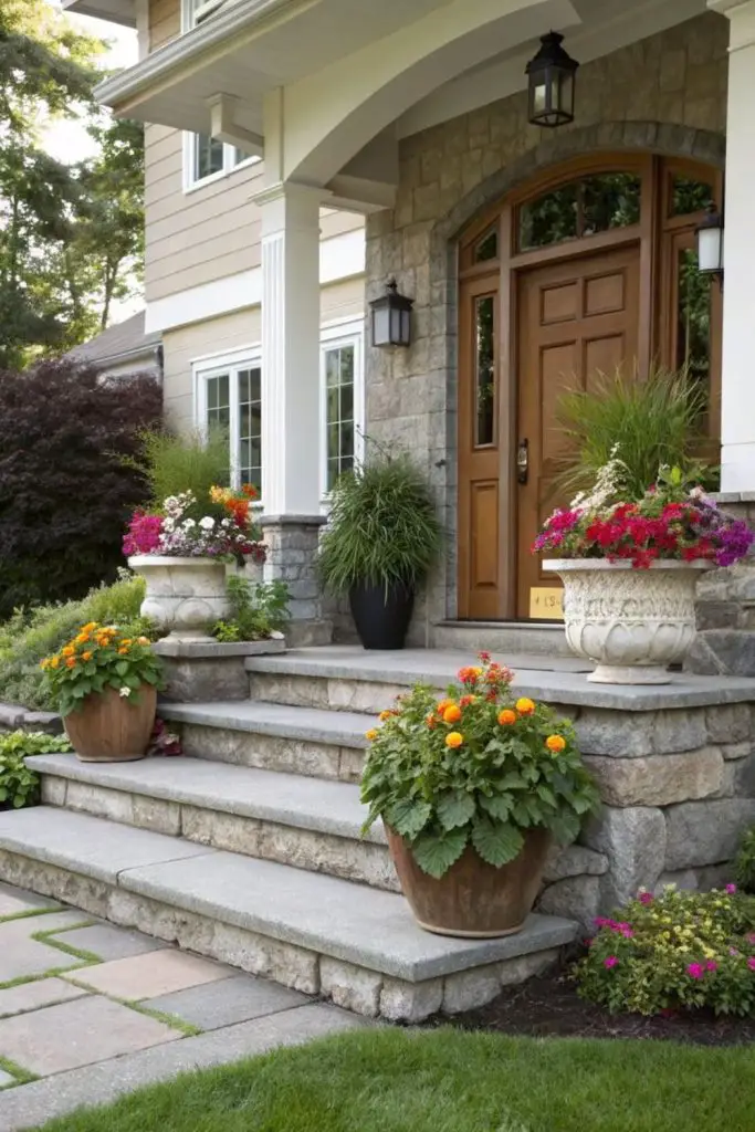 Stone walled porch with terracotta pots.