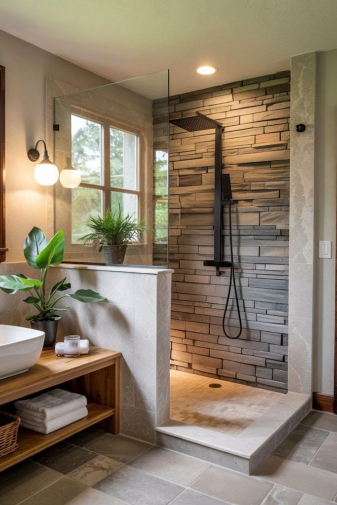 Rustic stone wetroom with natural textures
