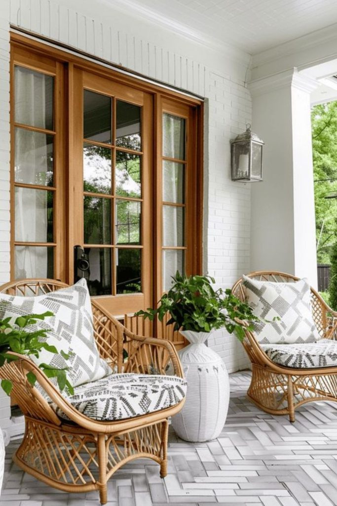 Patterned tiled porch with timber accents.