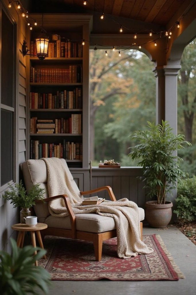 Minimal timber porch with woollen throws