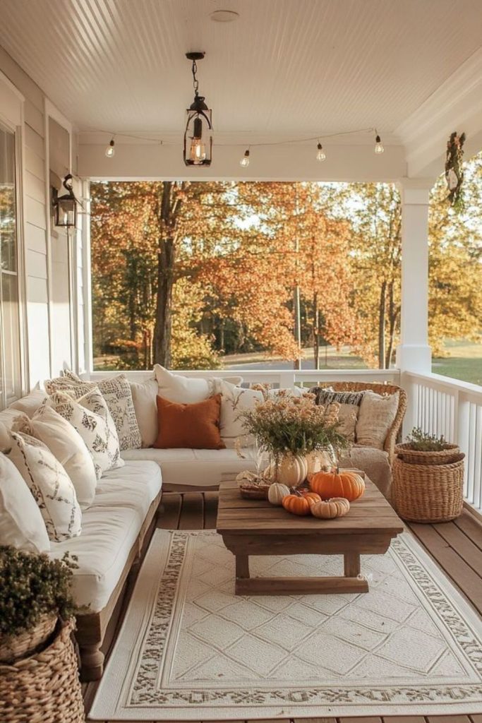 Light timber porch with woollen throws.