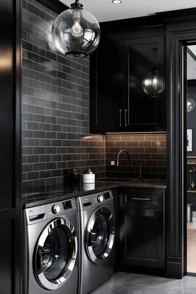 Shadowed black cabinetry with brass details