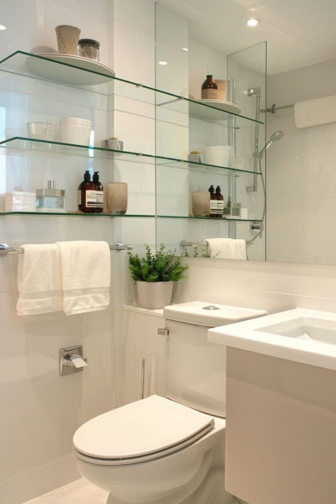Glass shelves bathroom with modern minimalism.
