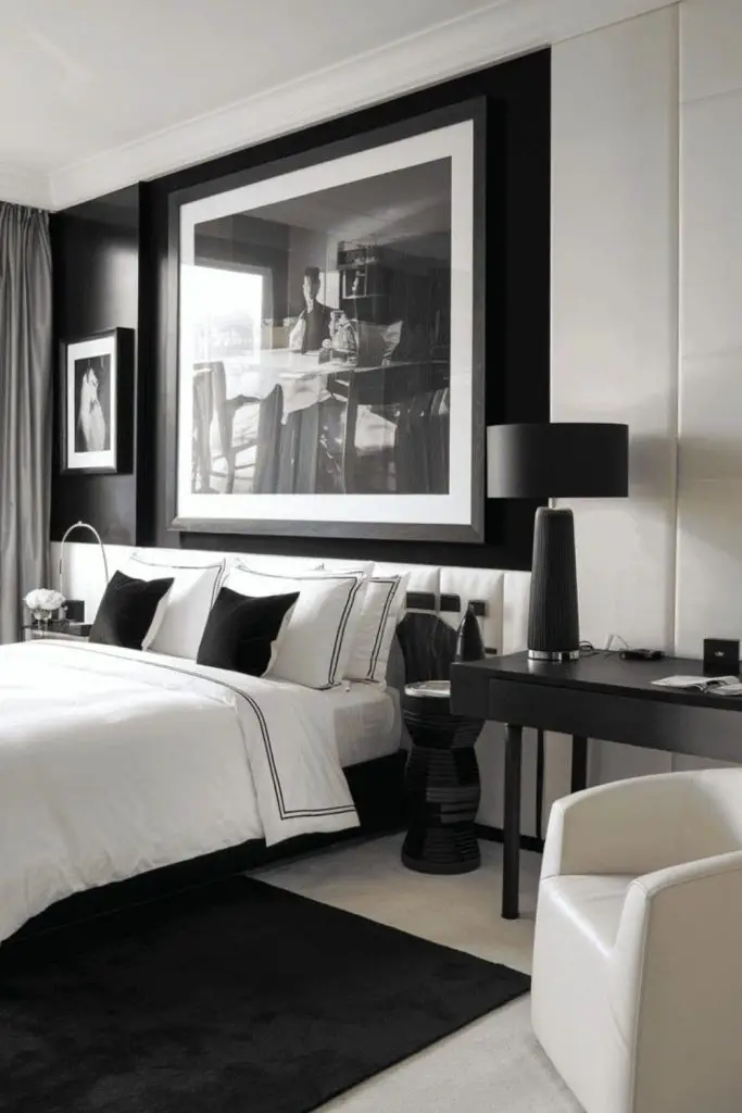 Black-and-white sophisticated modern bedroom.