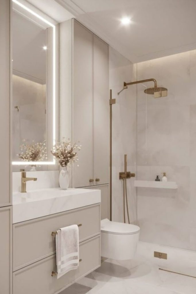 Sleek white wetroom with glossy surfaces