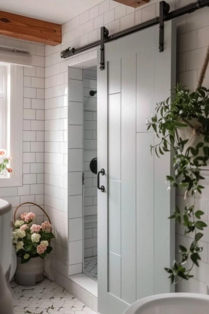 Sliding barn door saves shower space.
