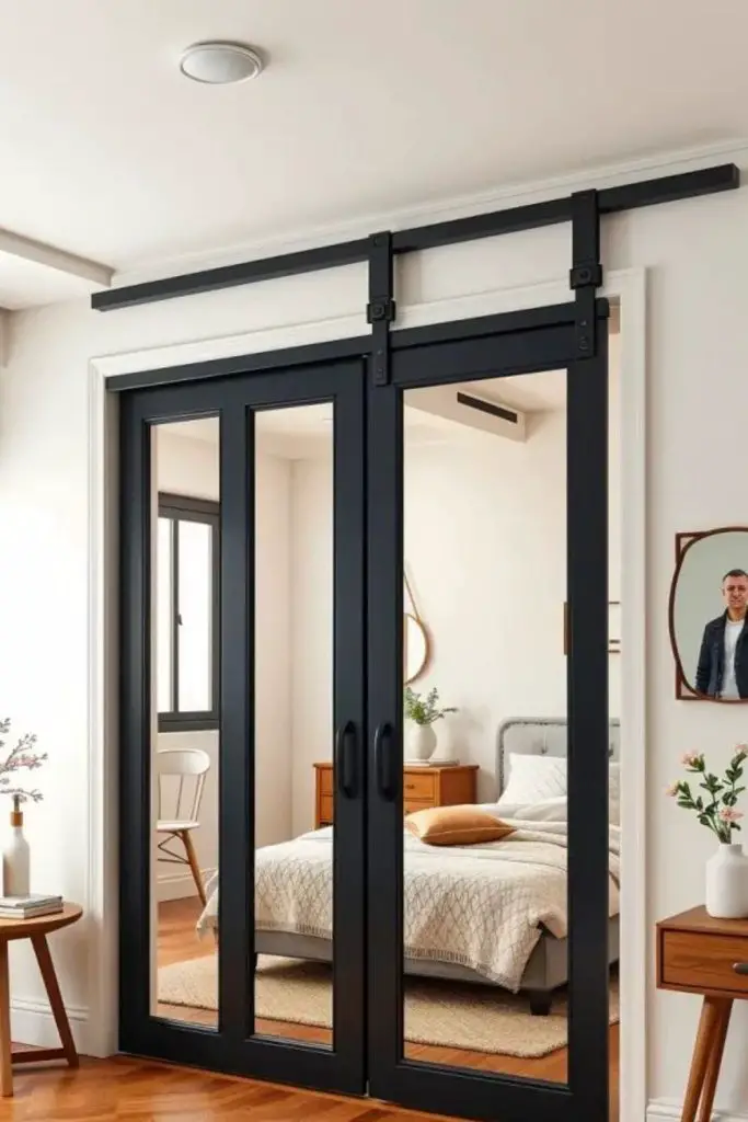 Sliding door saving compact bedroom space.