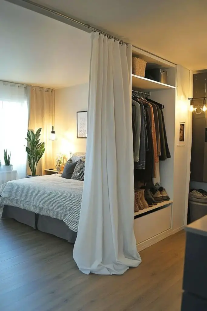 Soft curtain divider creating flexible boundary.