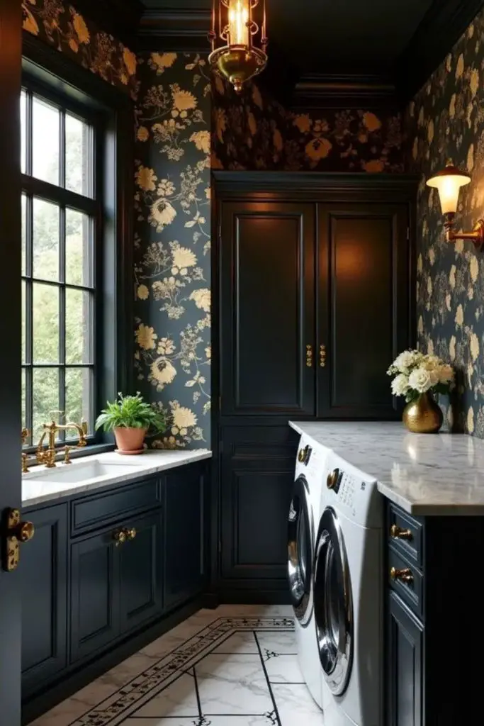 Vintage soot-painted cabinets with brass knobs