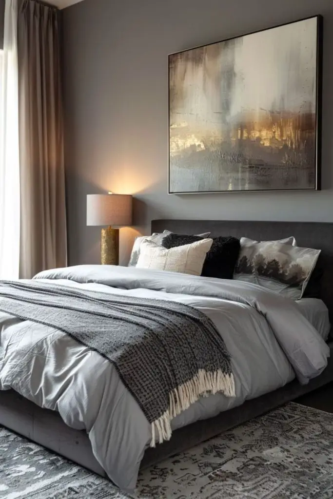Elegant grey-toned men’s bedroom style.