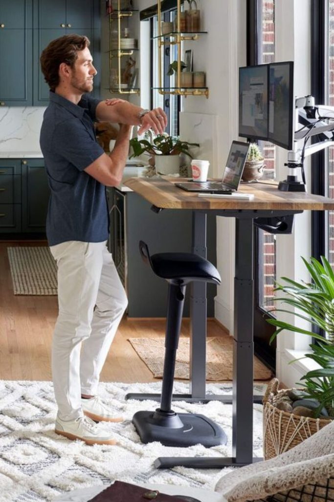 Standing bar desk with slim stools