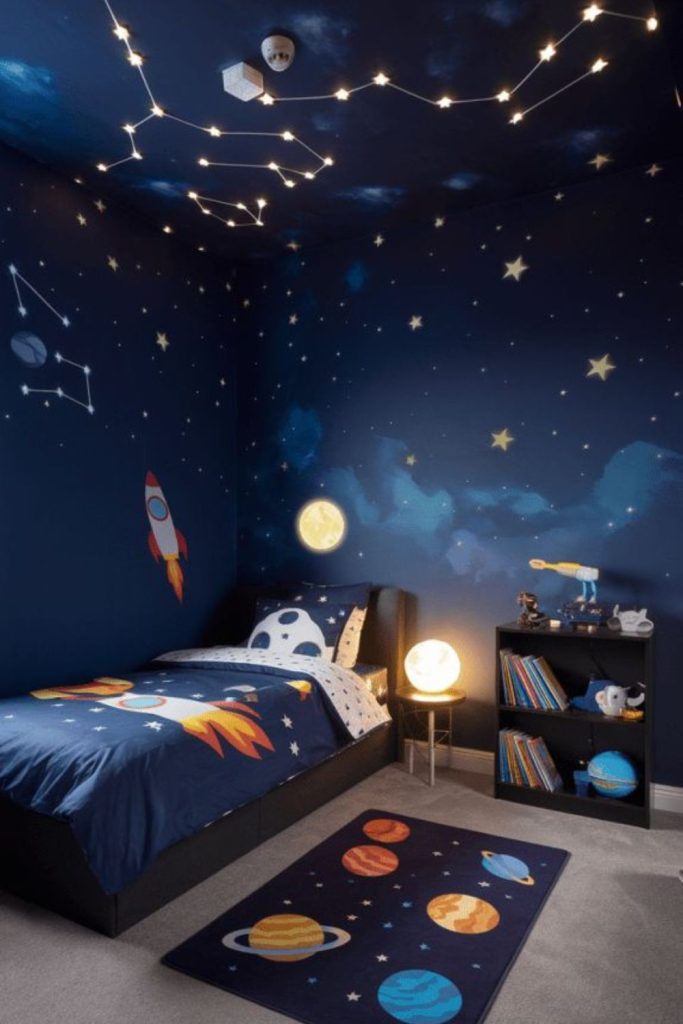 Starry night galaxy themed kids room