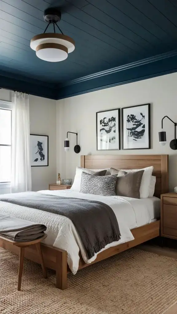 Painted ceiling adding bold bedroom style.
