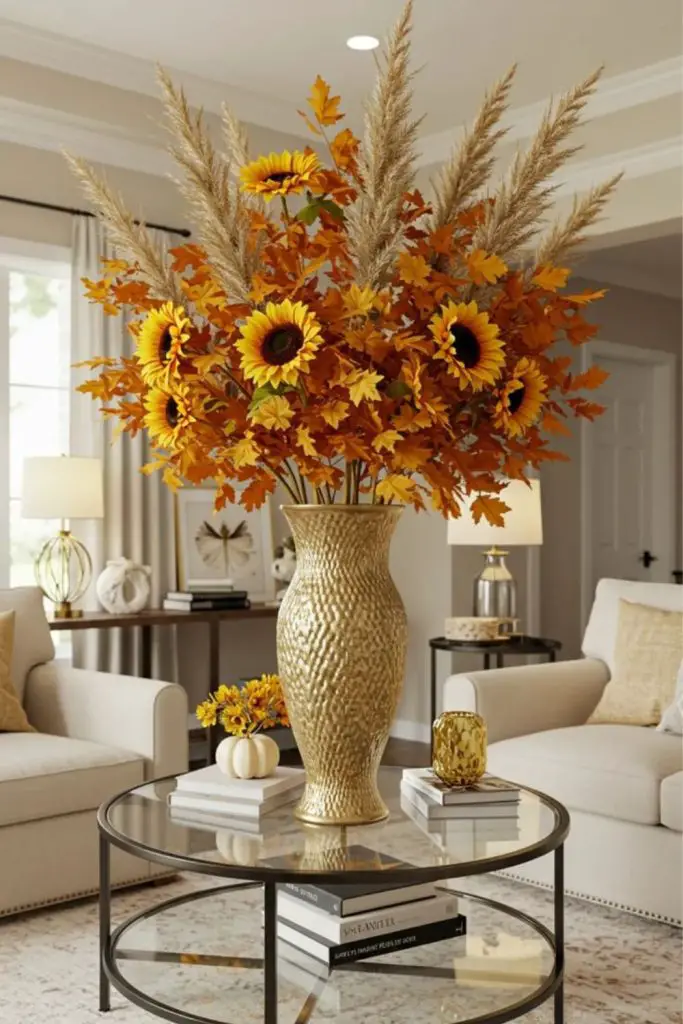 Sunflower vases brighten autumn-inspired décor.