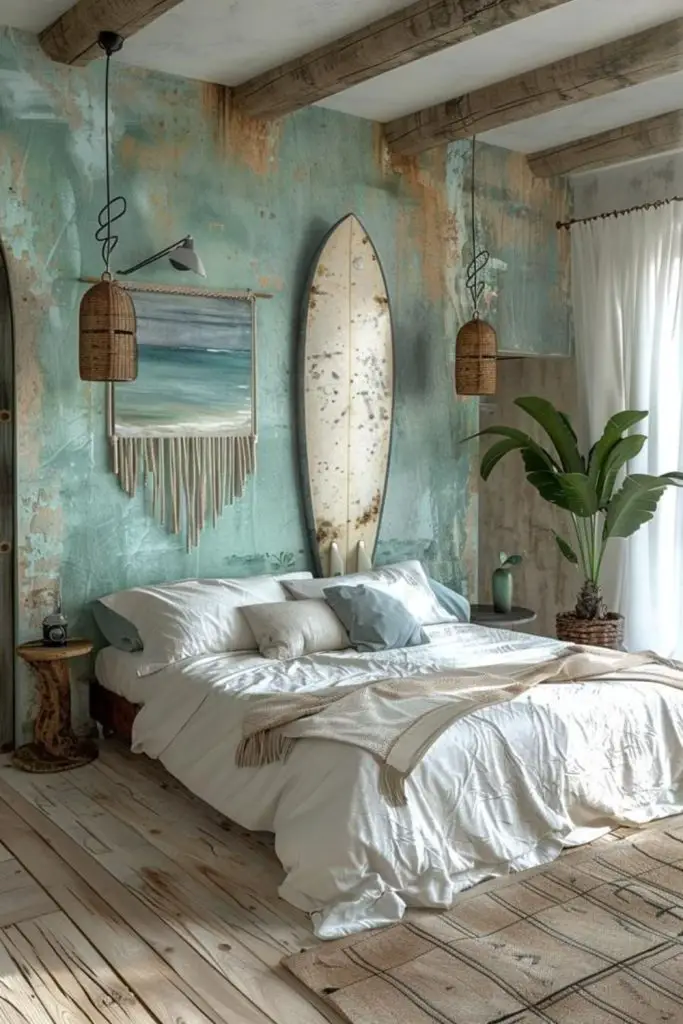 Coastal surf-inspired casual bedroom theme.