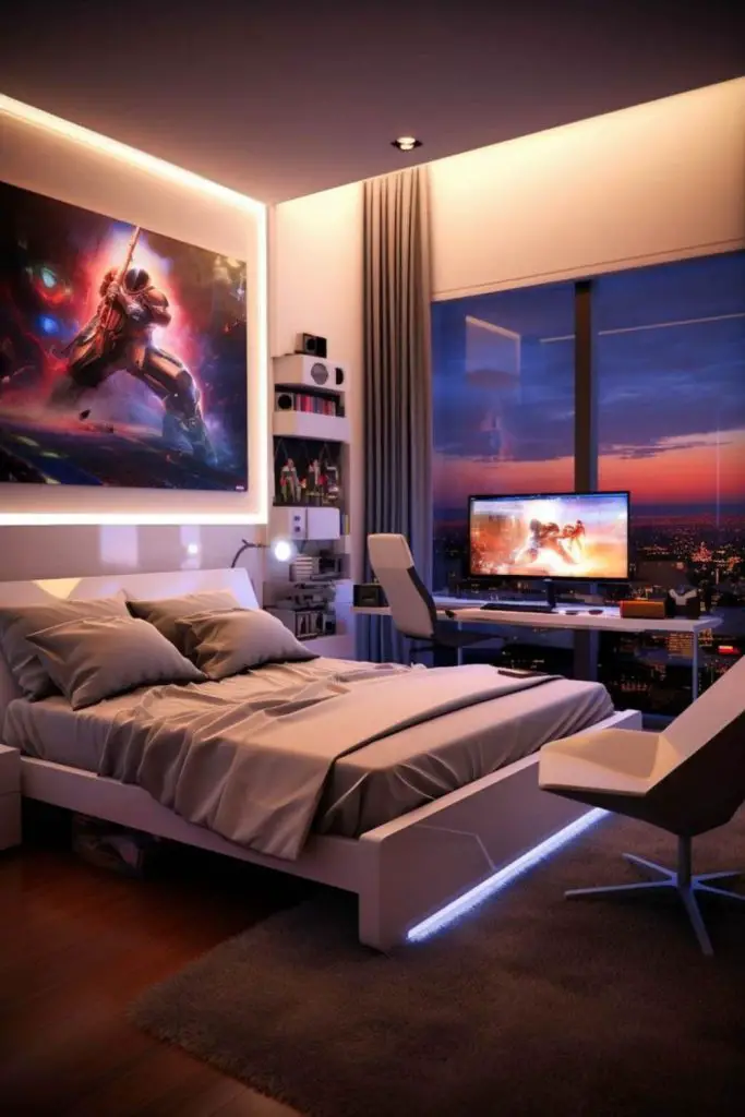 Futuristic tech-driven digital bedroom hub.