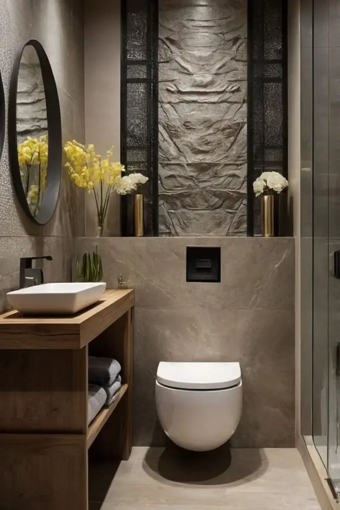 Stone textured wall adds rustic drama