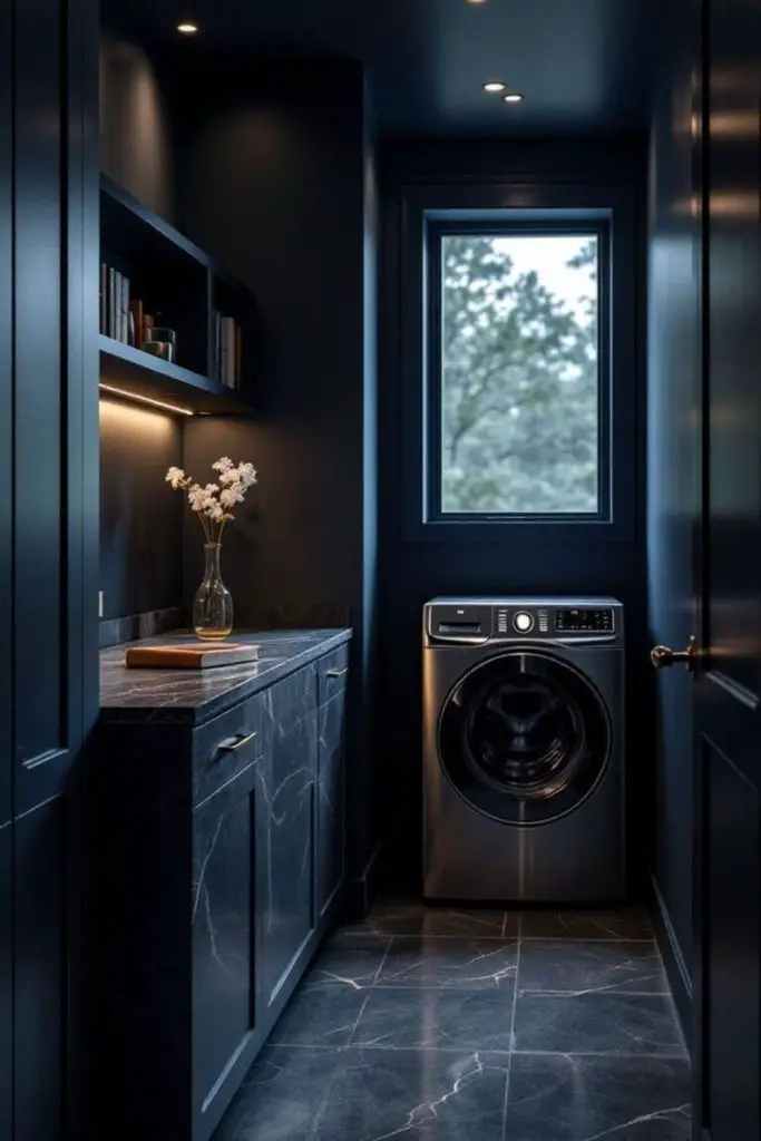 Thunder black walls with stainless shelves