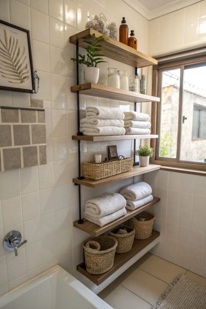 Tiered baskets organize towels and toiletries.