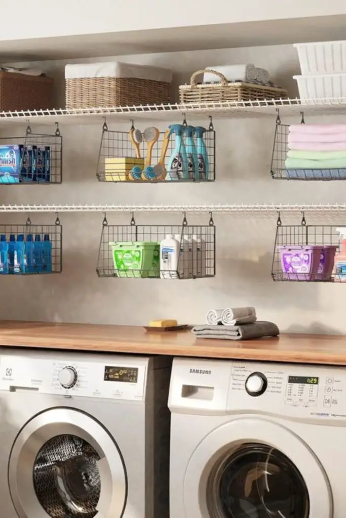 Tiered wire baskets hold clothes