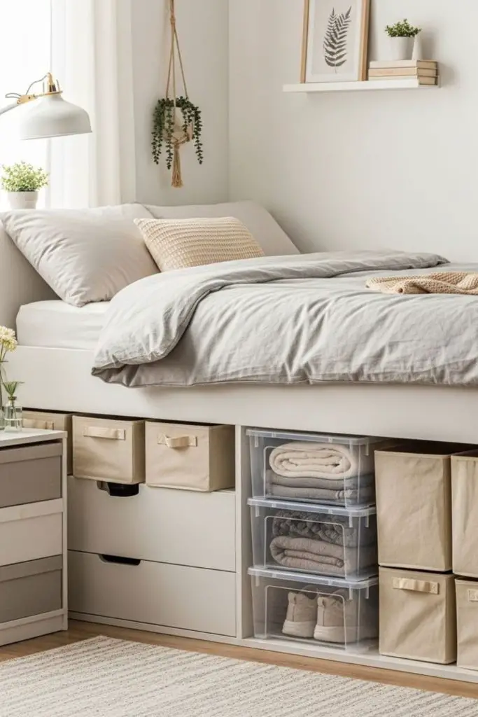 Under-bed storage bins in compact room.